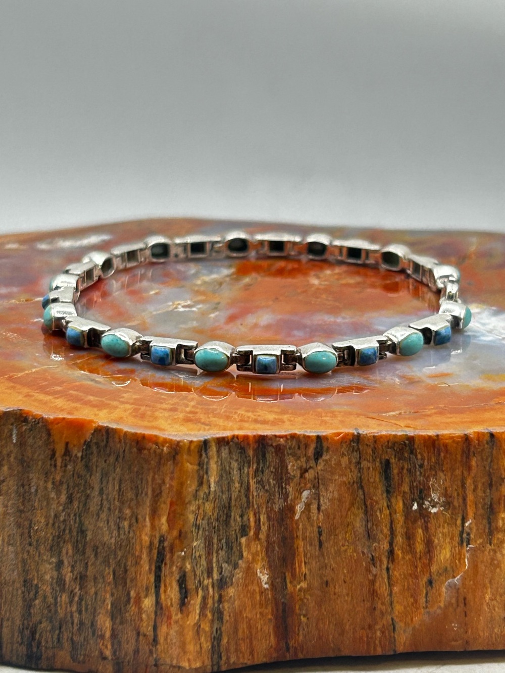 Thin Vintage Sterling Silver Bracelet with Turquoise and Sodalite - 7.5 inches